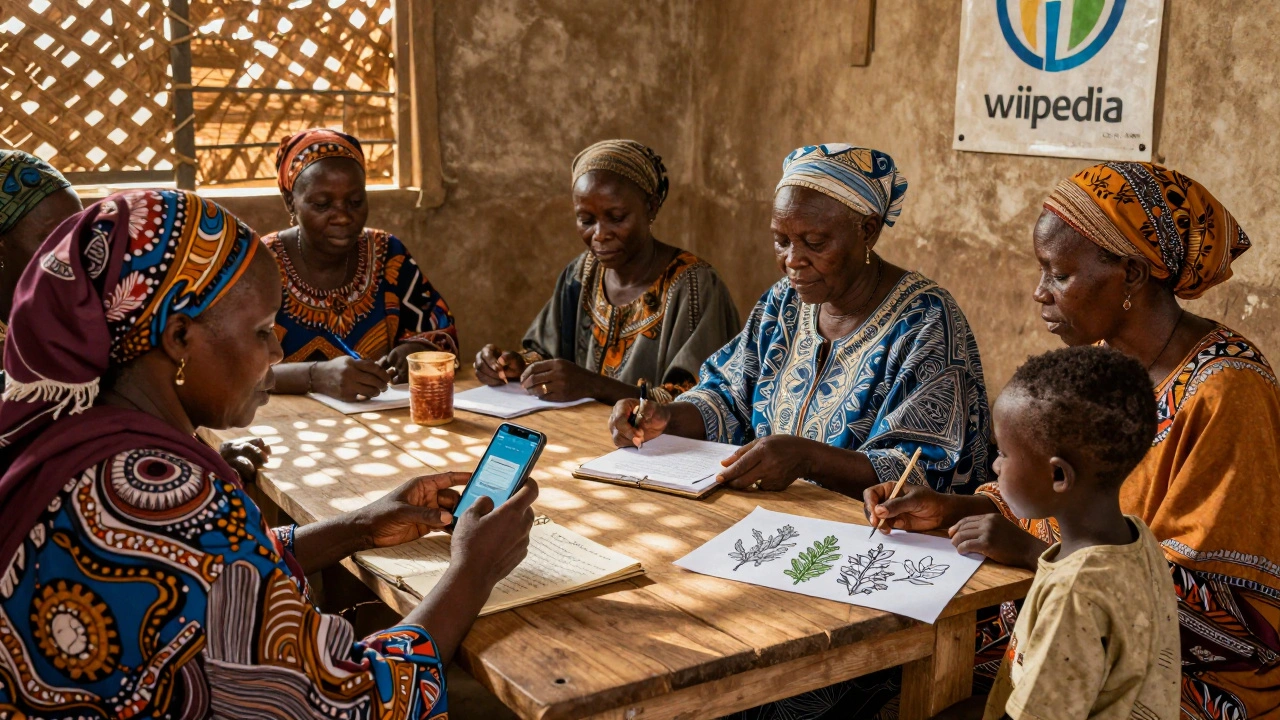 Hausa women editing Wikipedia in a rural Nigerian community center, sharing oral knowledge with a child.