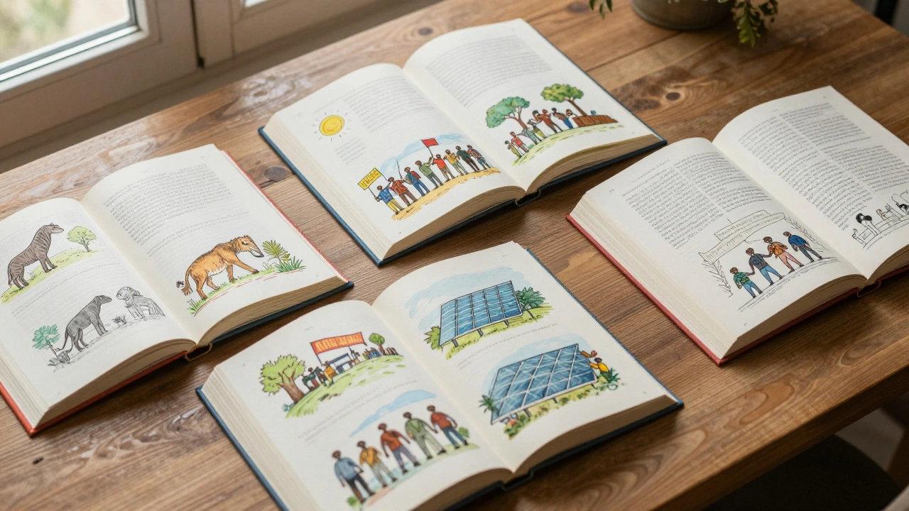 Journalist reviewing wildlife and energy illustrations in reference books