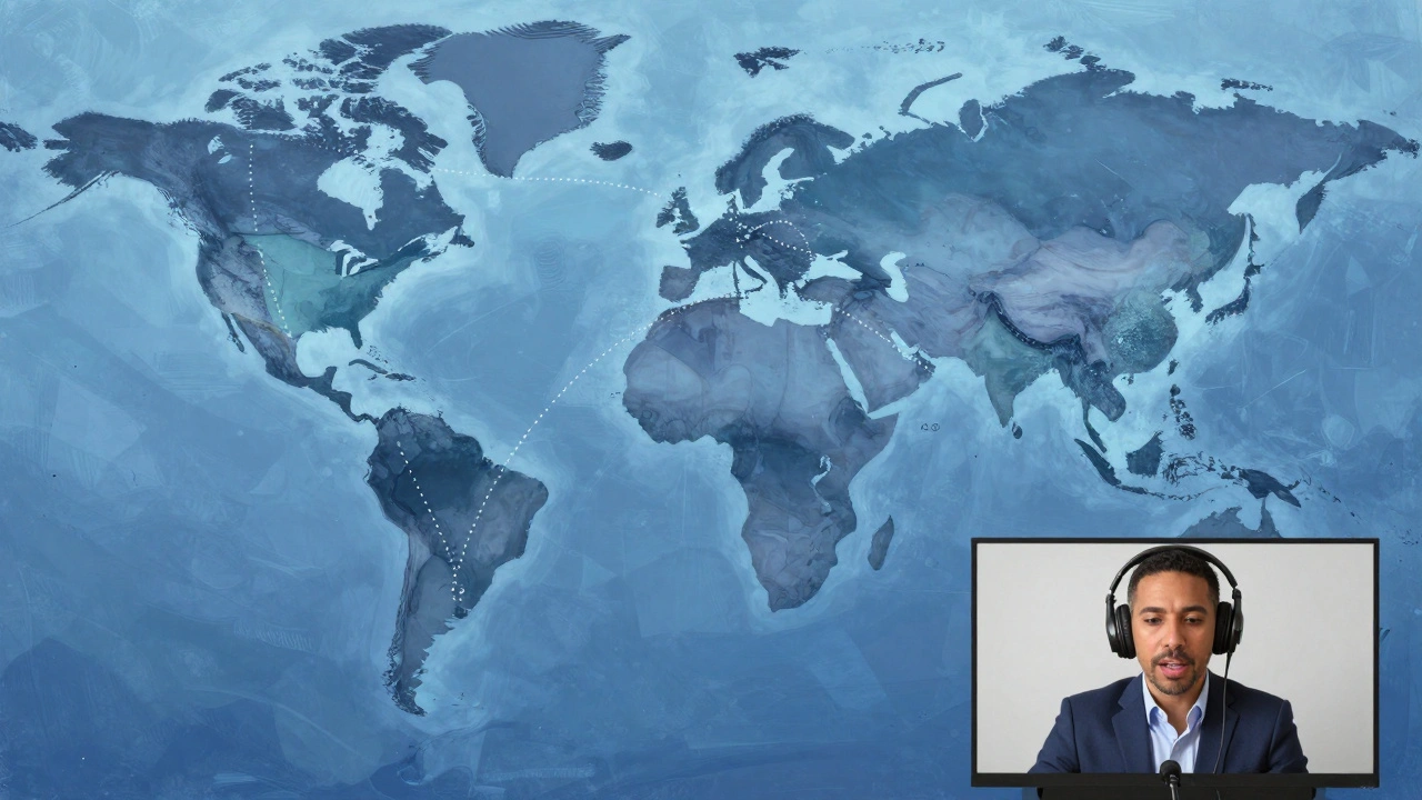 Journalist using headset to connect with international sources