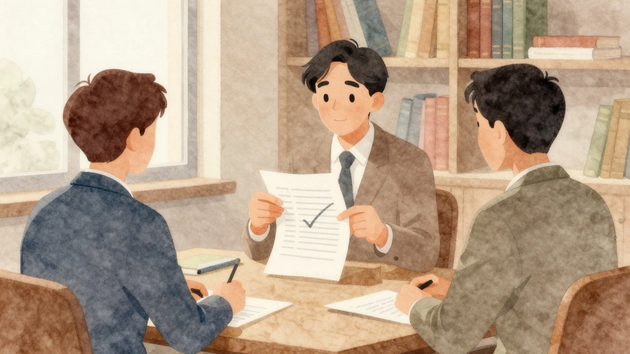 Mediator between editors at conference table with checkmark document