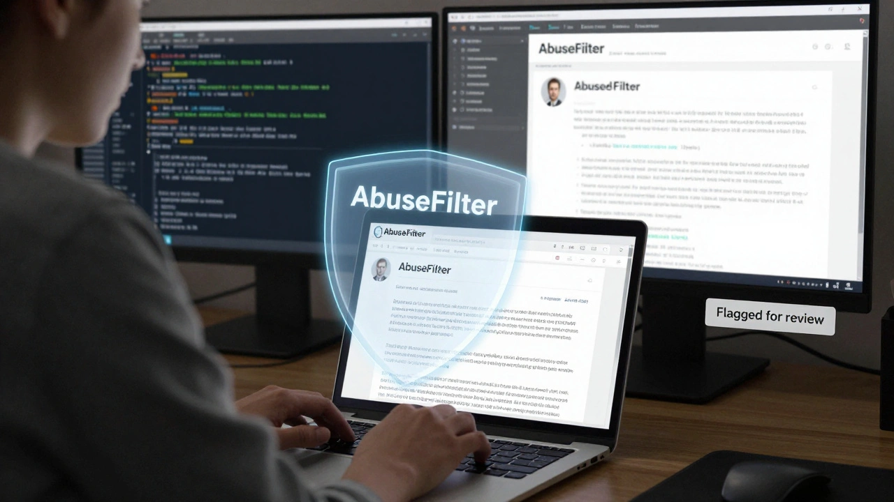 New user's phone number edit blocked by a translucent AbuseFilter shield while experienced editors review flagged changes.