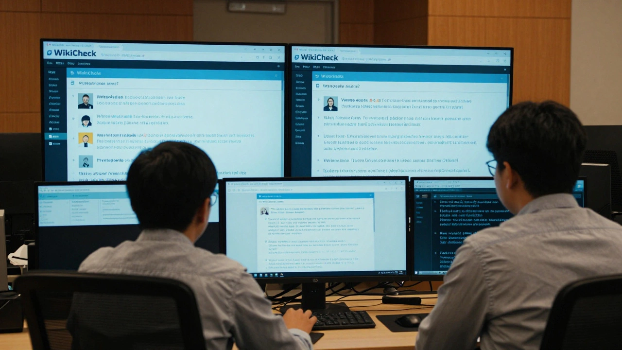 Newsroom team monitoring Wikipedia edit history on monitors with real-time alert notifications.