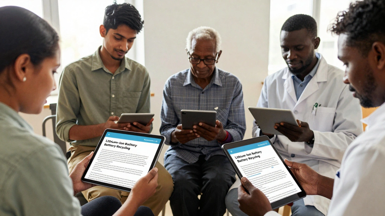 People in different countries viewing an improved wiki article on battery recycling on their devices.