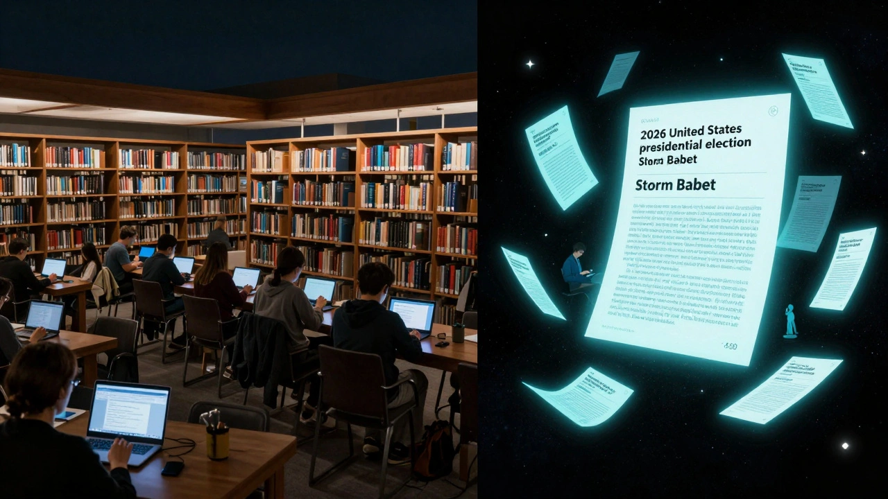 People researching current events online, contrasted with floating Wikipedia article tiles in a cosmic space.