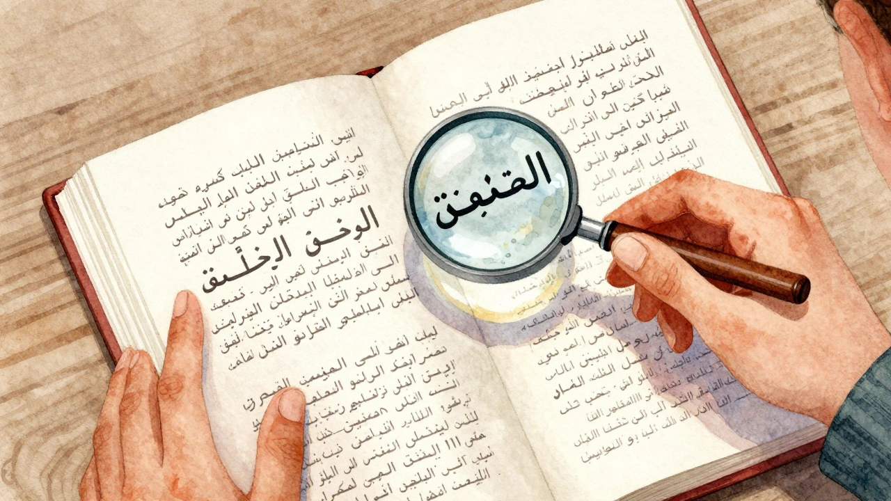 Reader examining Arabic Wikipedia article with dialect explanation symbols.