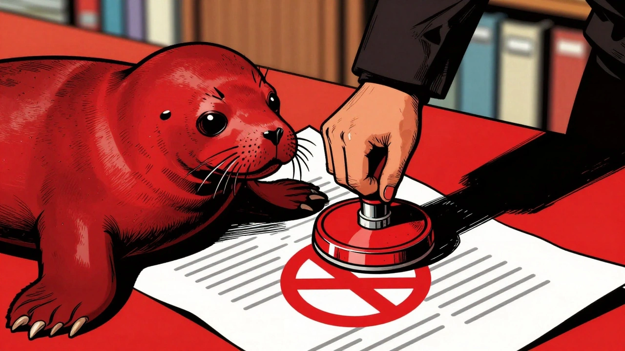 Red stamp on document with ban symbol in comic book style