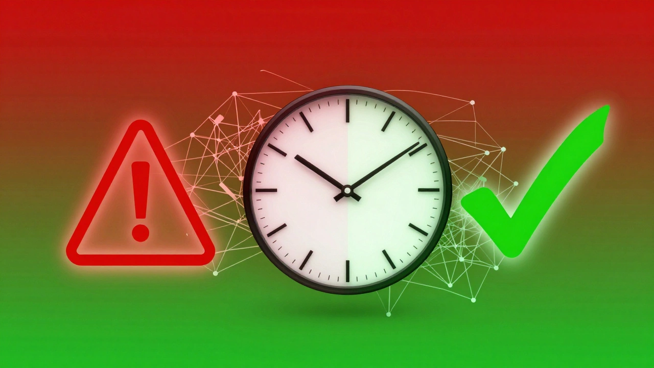 Red warning symbol and green checkmark with clock for vandalism correction.