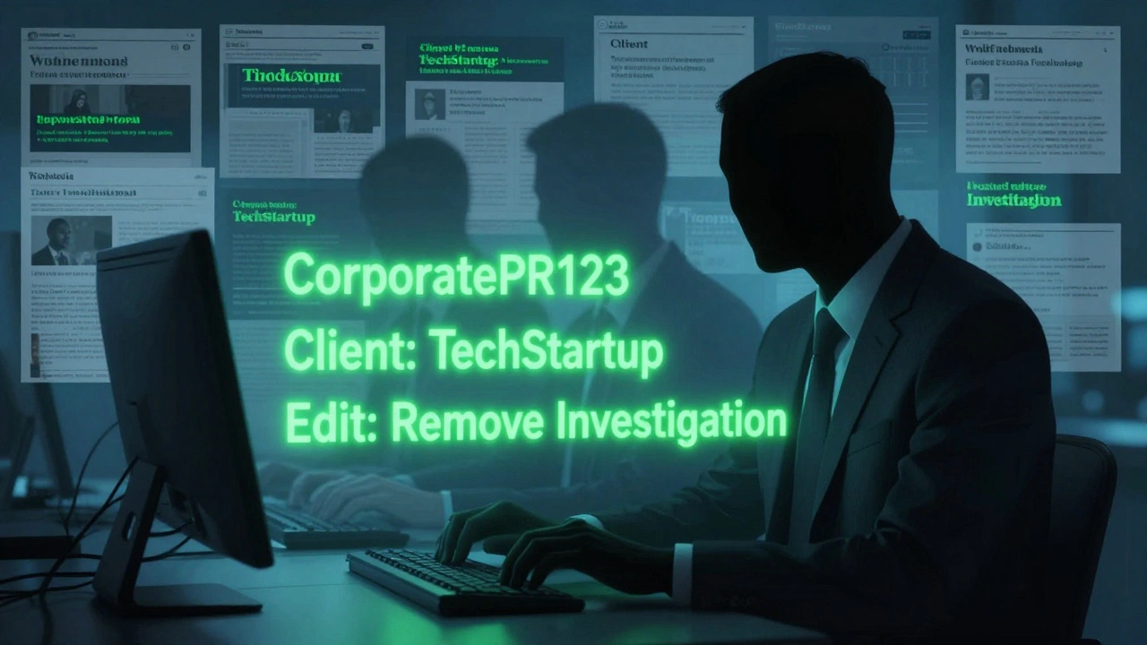Shadowy figure editing multiple Wikipedia pages with hidden corporate labels, ghostly duplicates visible across the screen.
