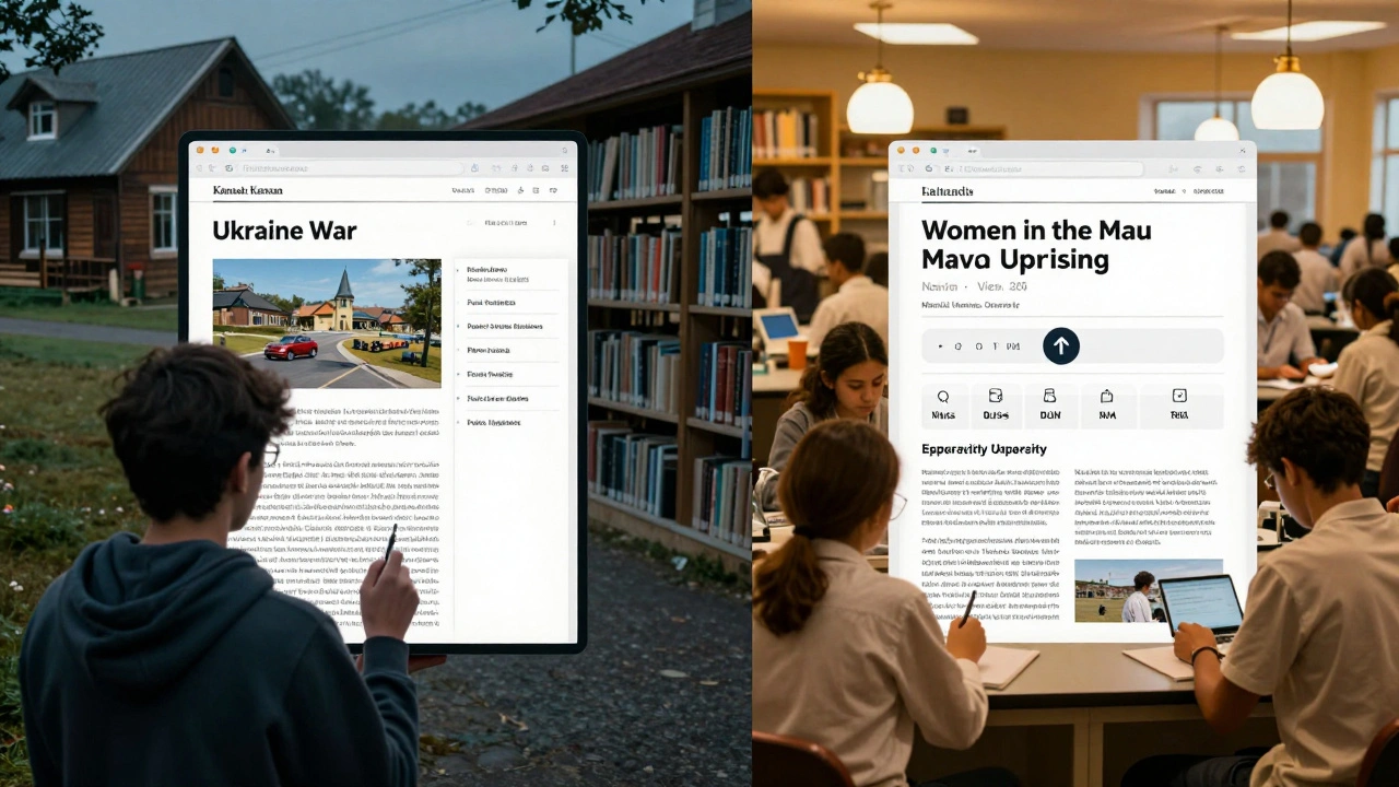Split-screen showing a student in Kansas viewing war-related Wikipedia pages and students in Nairobi editing an article on African history.