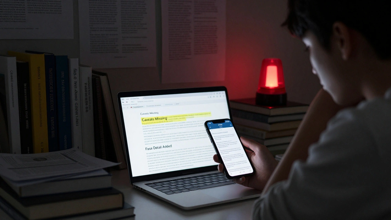 Student staring at phone with AI summary while Wikipedia page on laptop shows missing caveats and false details.