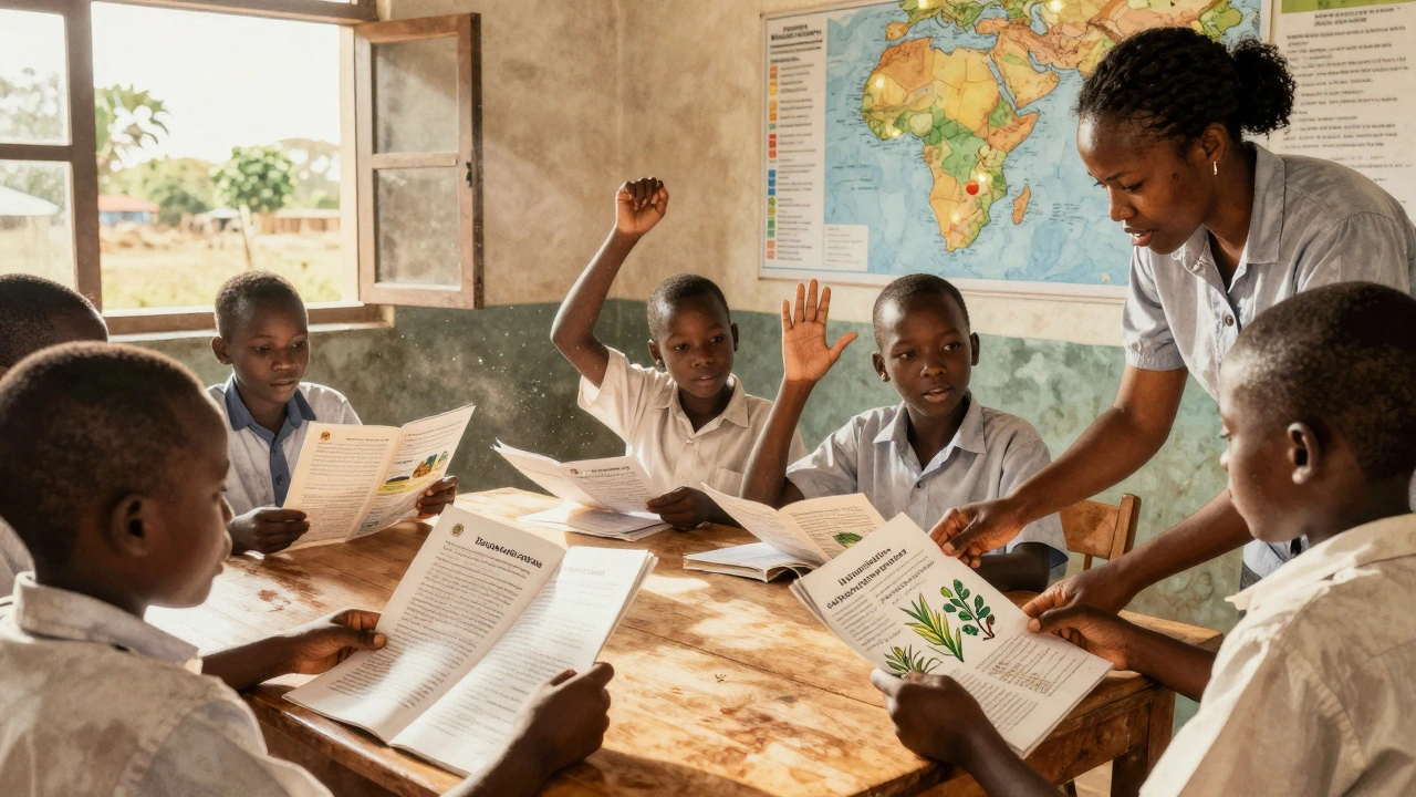 Students in a South African classroom read Zulu-language Wikipedia booklets with their teacher.