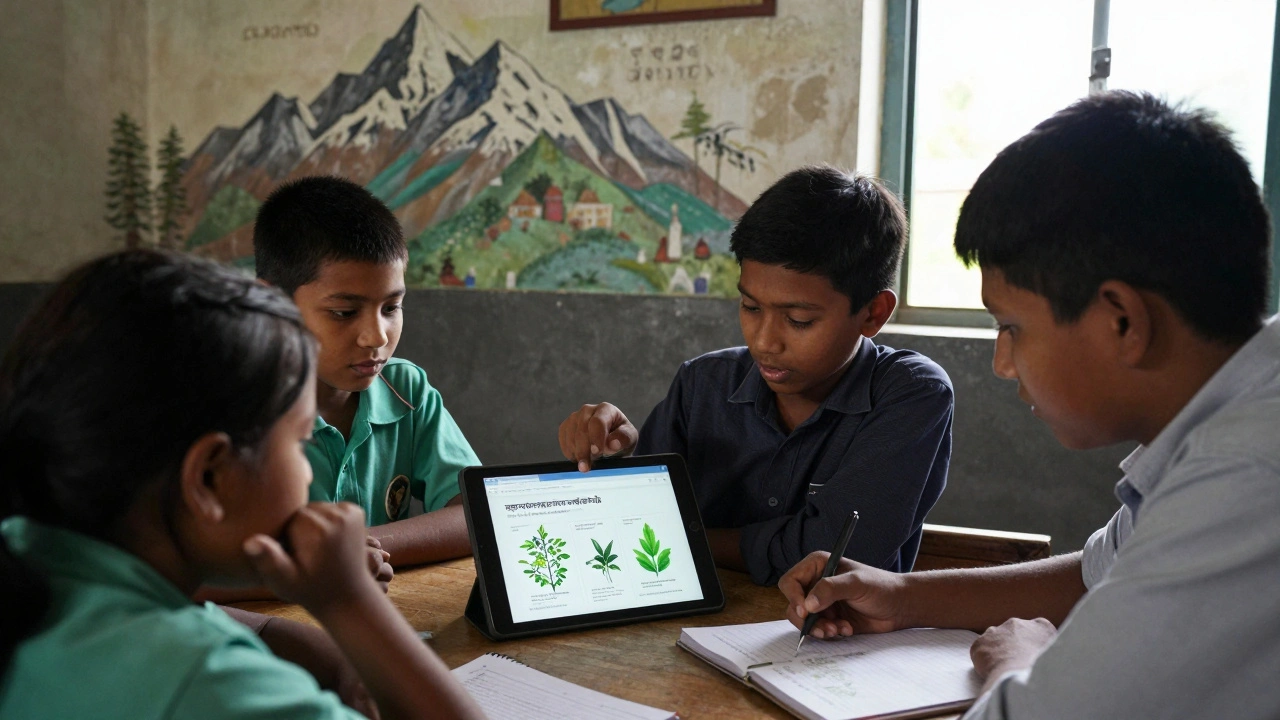 Students in Nepal study local plants via a Wikipedia tablet, taking notes in a simple classroom.
