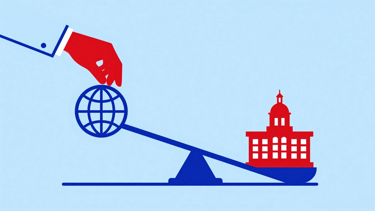 Symbolic balance scale tipping between neutrality and corporate influence in minimalist art.