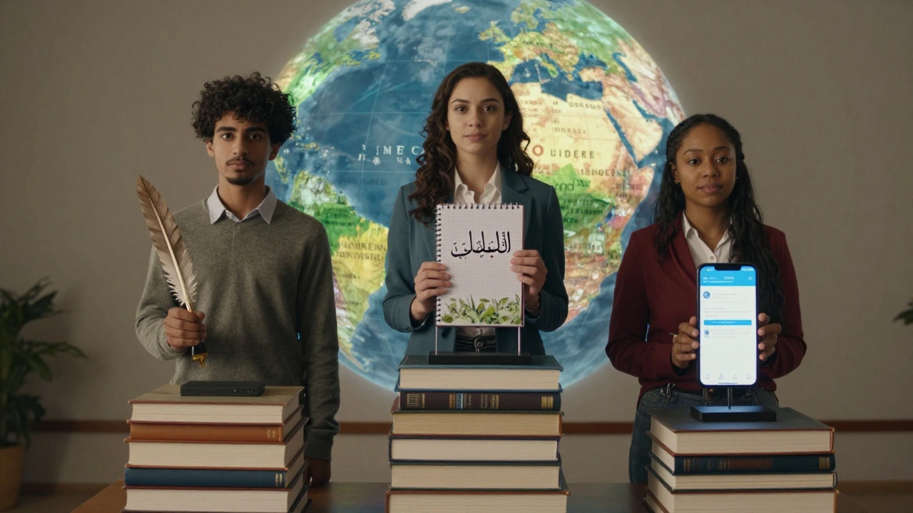 Three diverse Wikipedia candidates holding symbols of their advocacy on a podium made of books and screens.