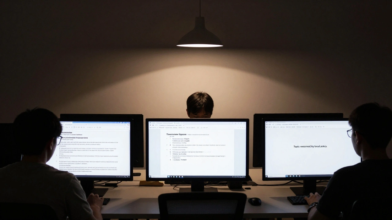 Three editors in a dim room, each working silently on their Wikipedia language edition, with visible differences in content and censorship.