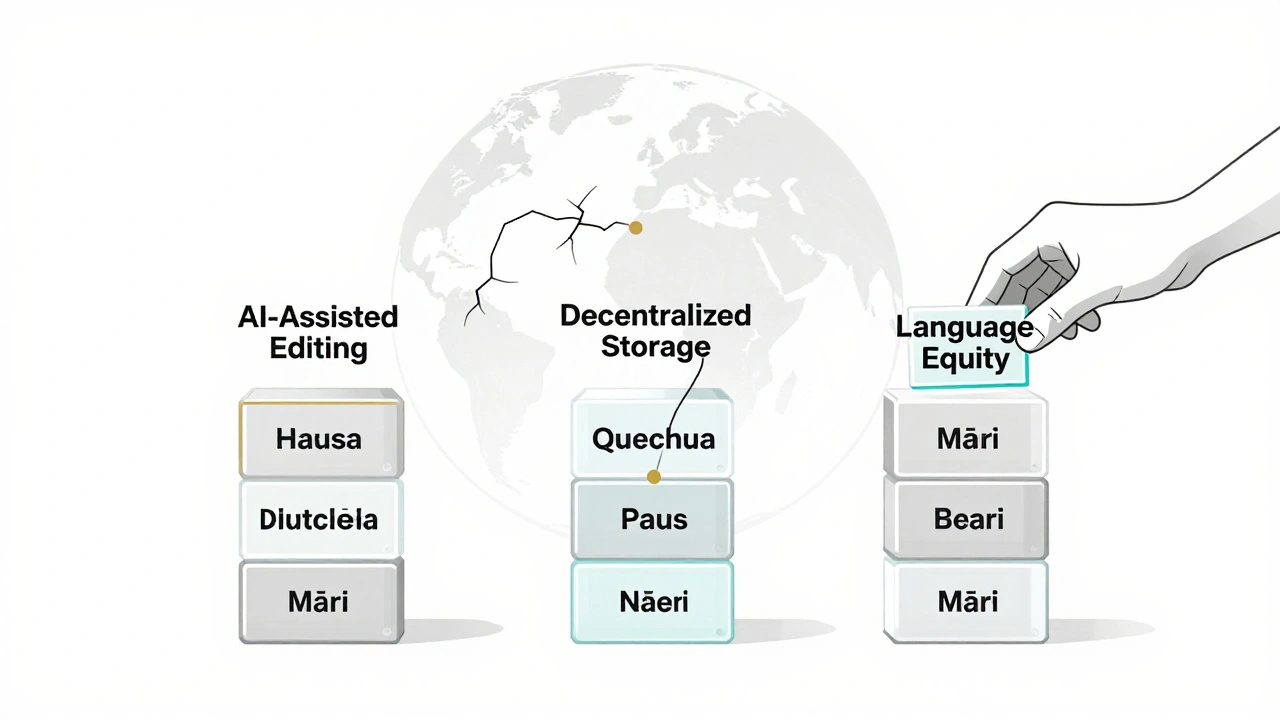 Three rising pillars labeled with key future initiatives, highlighting AI editing, decentralized storage, and under-resourced languages.