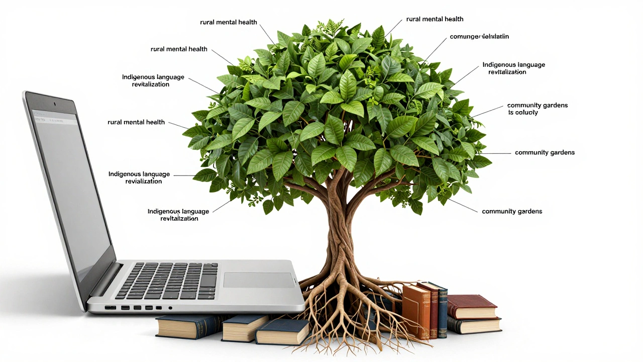 Tree growing from laptop, branches forming Wikipedia articles rooted in research archives.