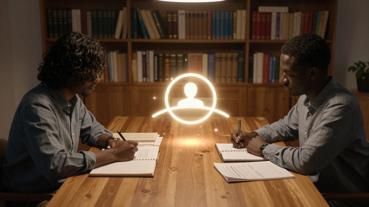 Two editors at a table with sources, connected by a glowing mediation symbol in a quiet room.