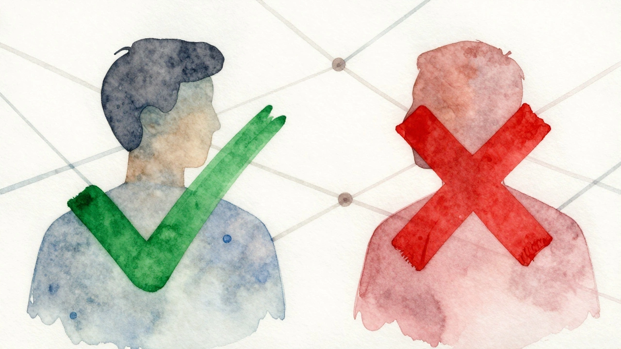 Two figures with checkmark and X in watercolor art