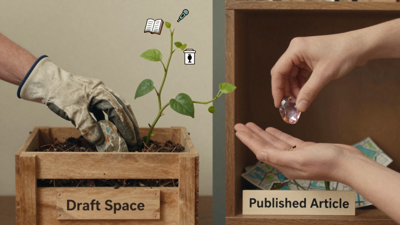 Two hands exchanging a rough stone for a polished gem, symbolizing the transformation of a draft into a published article.