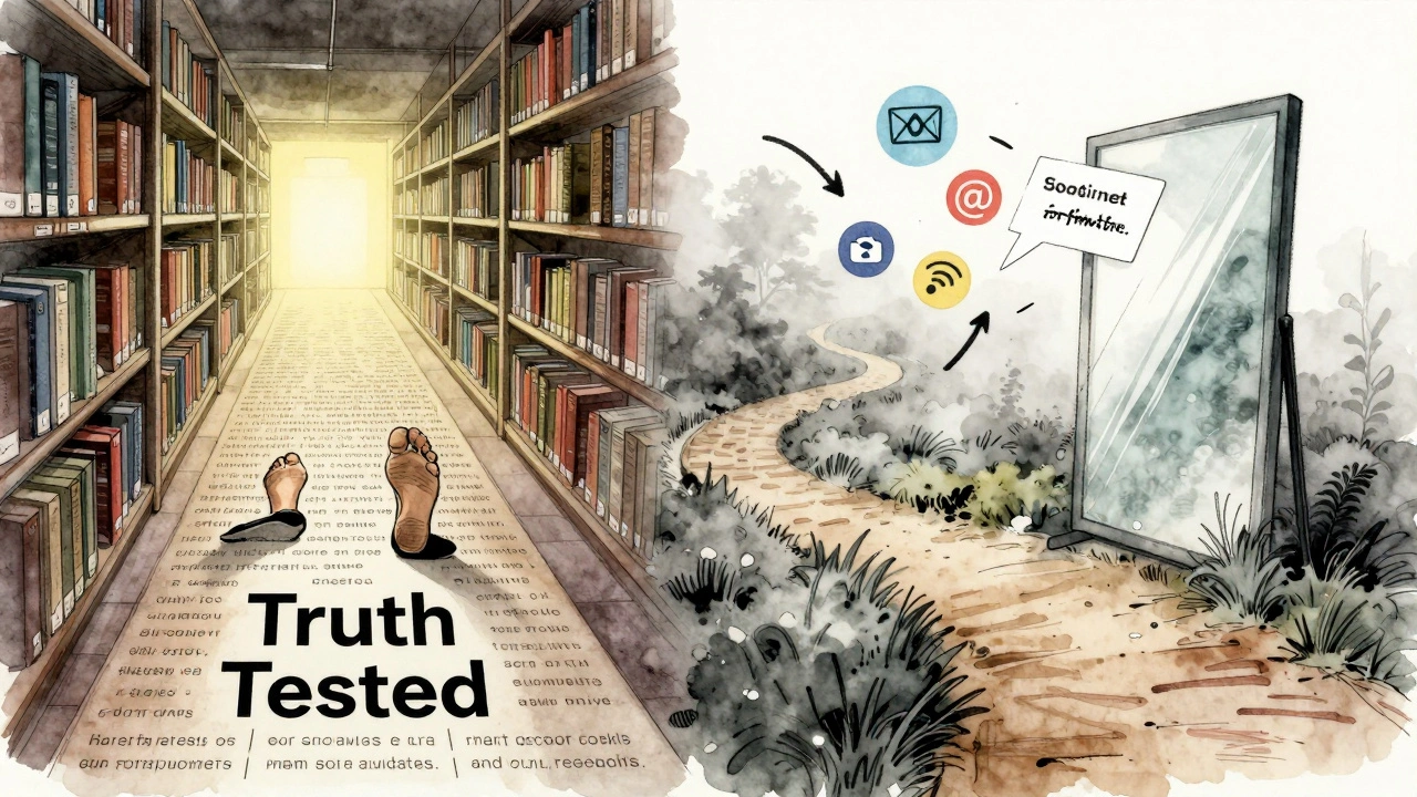 Two symbolic paths representing verified truth versus algorithmic confusion, one clear and lit, the other foggy and chaotic.