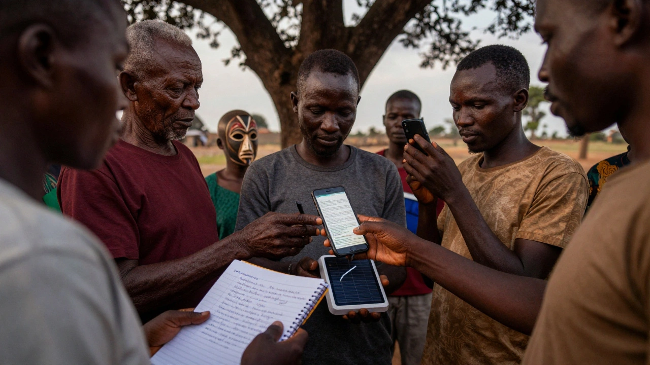 Volunteers in Ghana gather under a tree to edit a Wikipedia article about funeral rites using a shared smartphone.