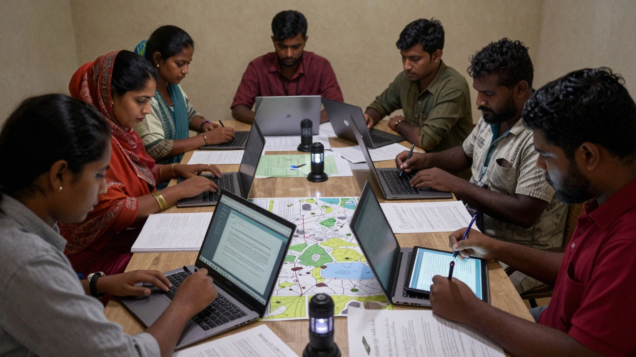 Volunteers in Kenya, Bangladesh, and Peru editing local Wikipedia articles under solar lamps.