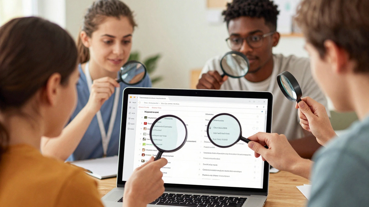Volunteers inspecting Wikipedia edit history with magnifying glasses to report biased changes.