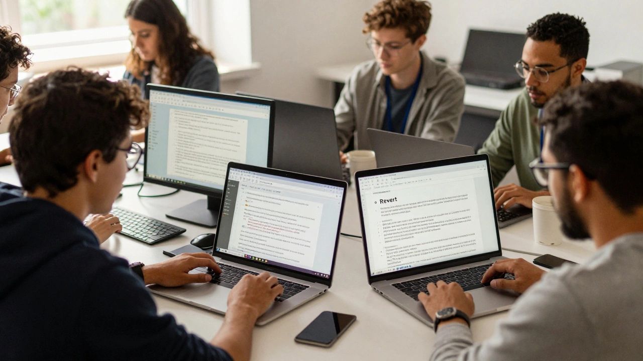 Volunteers reviewing Wikipedia edits on multiple screens in a sunlit room, helping new editors with friendly feedback.