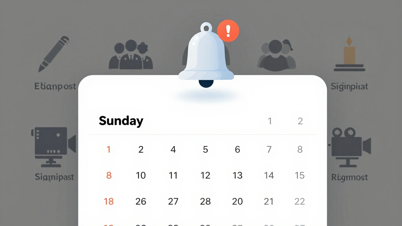 Weekly calendar with a pulsing notification bell and icons representing The Signpost's sections.