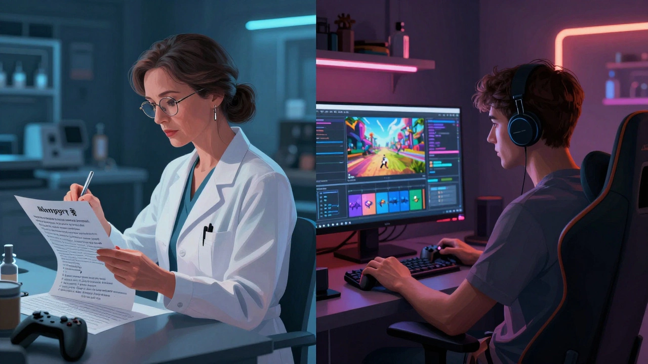 Woman over 50 editing medical article alongside young man editing esports content.