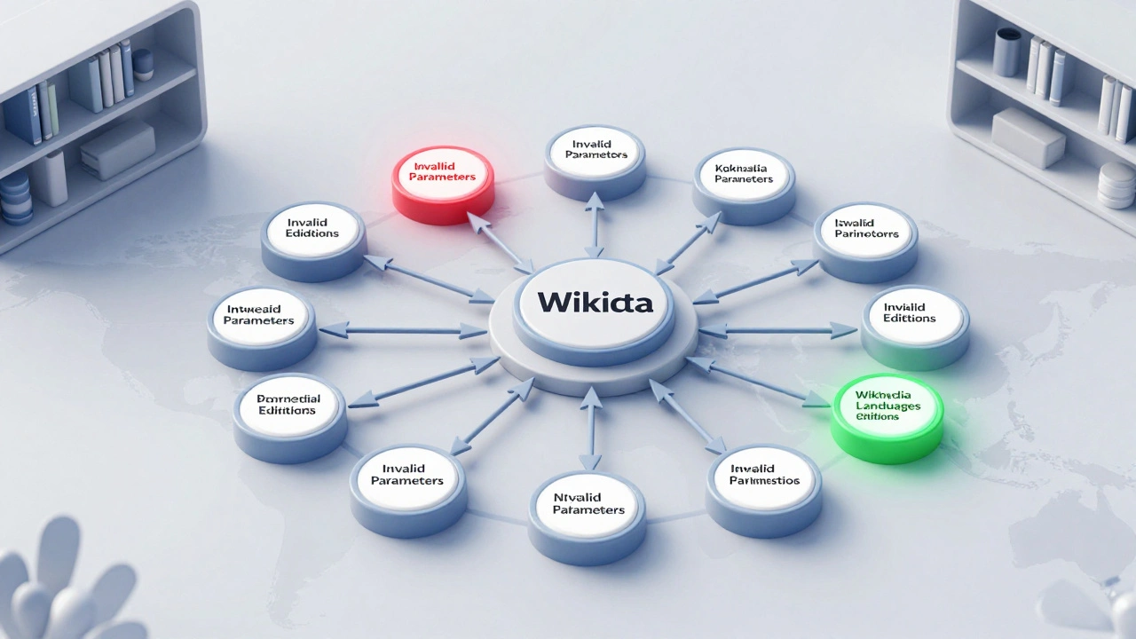 A central Wikidata hub connecting to Wikipedia language nodes, auto-generating correctly formatted citations.