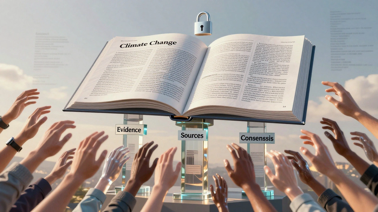 A climate change Wikipedia page as a floating monument supported by evidence, sources, and consensus pillars.