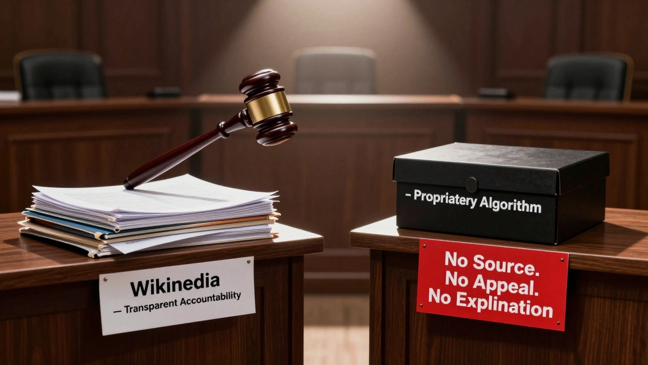 A courtroom with evidence of transparency and accountability on one side, and a sealed black box labeled 'Grokipedia' on the other.