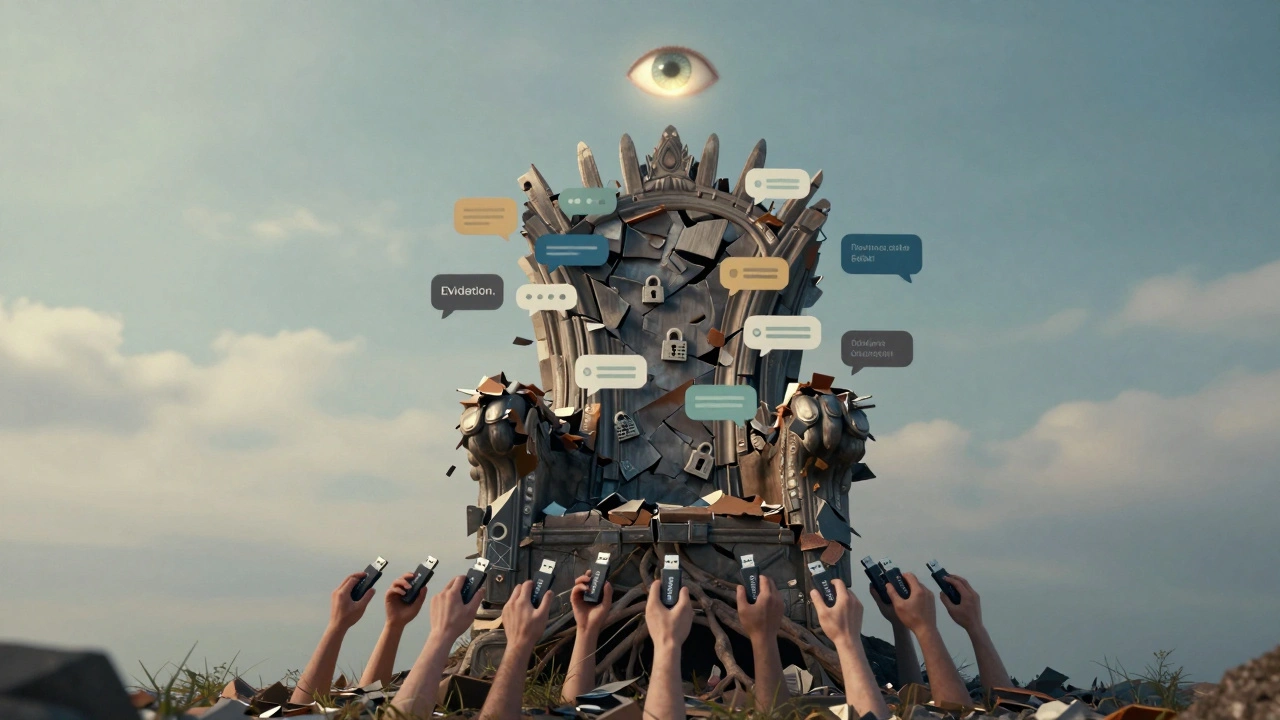 A crumbling digital throne made of silenced accounts being uprooted by a tree of hands each holding evidence USB drives.
