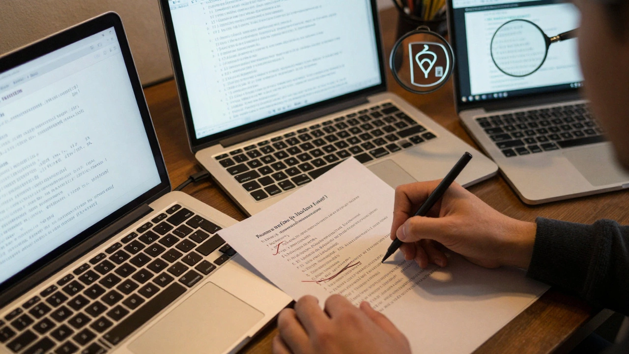 A desk with multiple laptops displaying different language Wikipedia citation formats, a hand rewriting a citation.