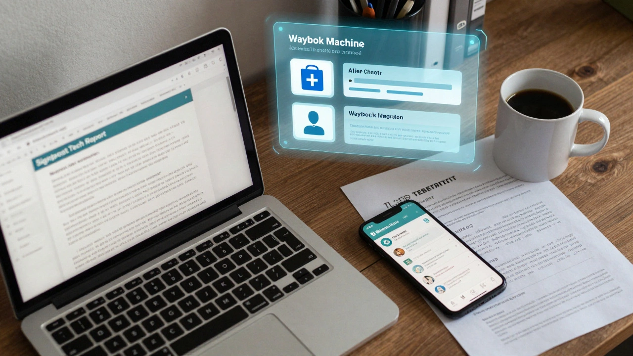 A desk with the Signpost Tech Report open, a phone, and a holographic preview of upcoming Wikipedia tools.