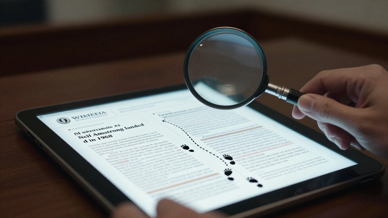 A detective magnifying glass revealing a trail of citations that correct an AI hallucination with verified sources.