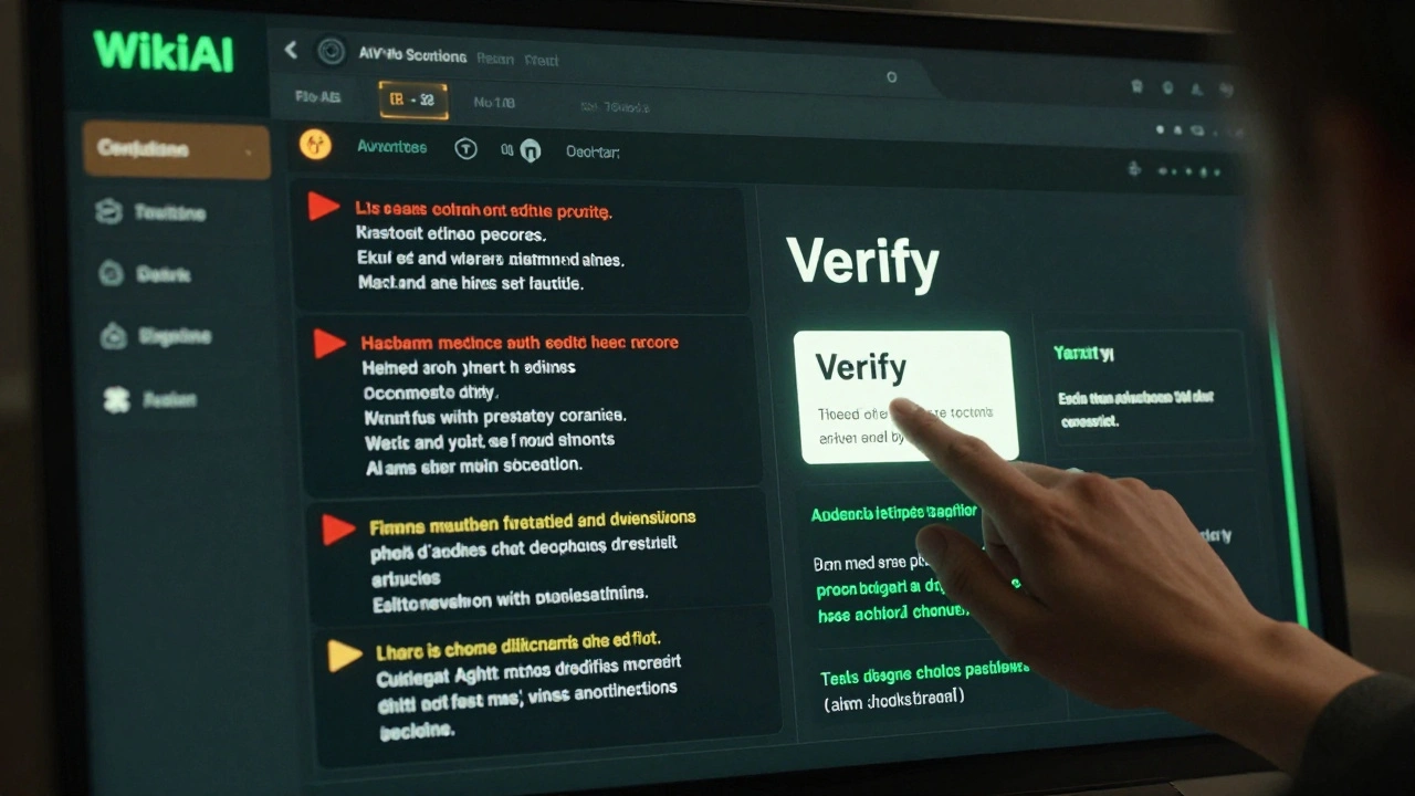 A digital WikiAI dashboard flagging AI-generated text patterns with real-time alerts for human reviewers.