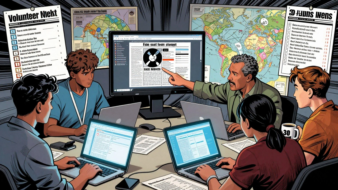 A diverse team of volunteer editors working urgently in a war room, verifying sources during a global crisis.