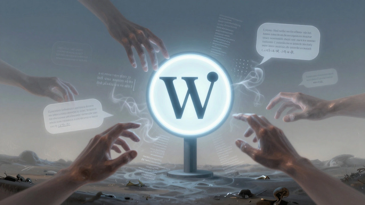 A fading Wikipedia logo surrounded by floating AI-generated text bubbles, with human hands trying to stabilize it.