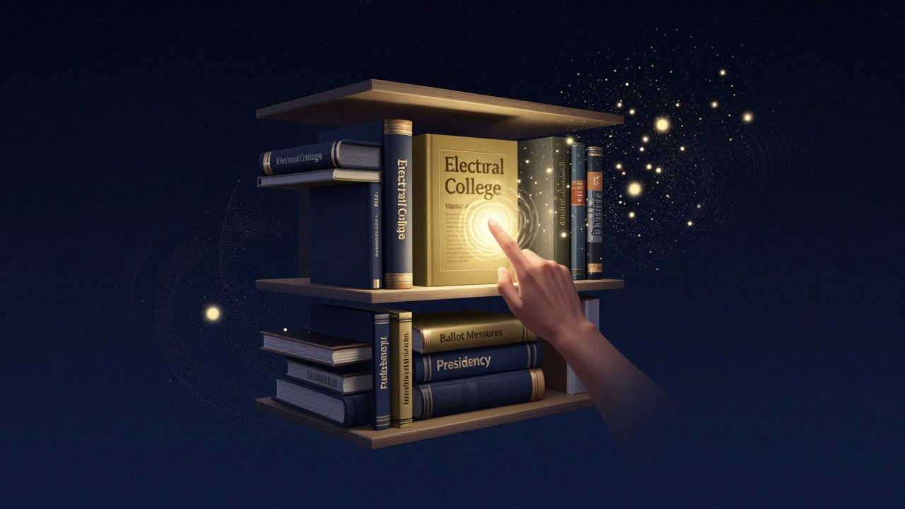 A floating digital bookshelf of election-related Wikipedia pages glowing in a starry night sky.