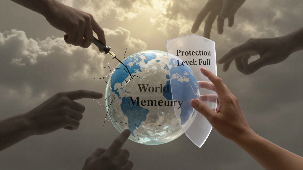 A fragile globe labeled 'World Memory' under attack, shielded by a protective barrier as light breaks through.
