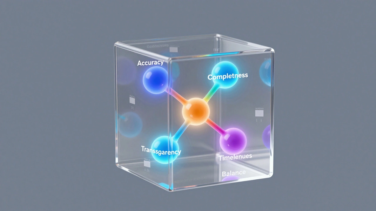 A glass cube with glowing nodes representing knowledge integrity metrics, fed by data streams from encyclopedias and AI.