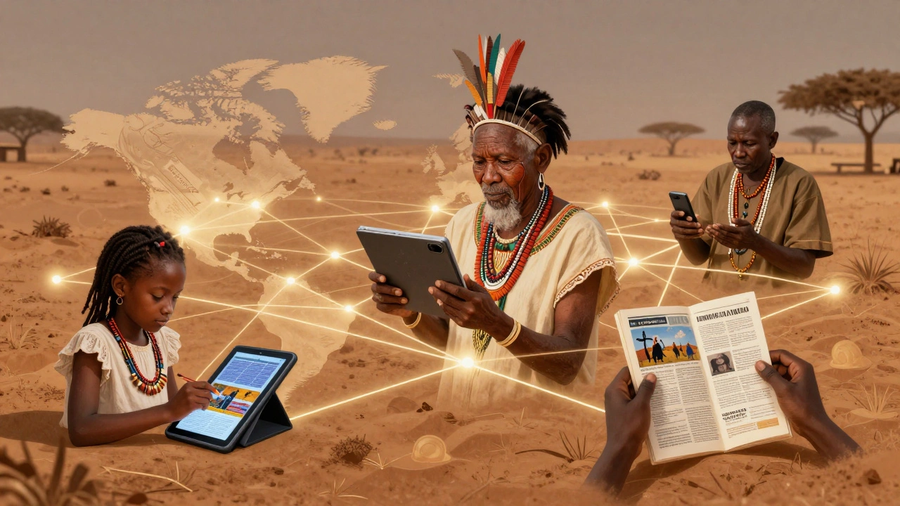A global collage of community knowledge creators: a girl in Malawi, an Indigenous elder in Australia, and a community member in Ghana, connected by glowing digital threads.