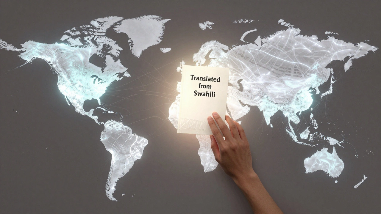 A global map made of bookshelves with thick source cables from the West and thin ones from the Global South, being strengthened by a new translation.