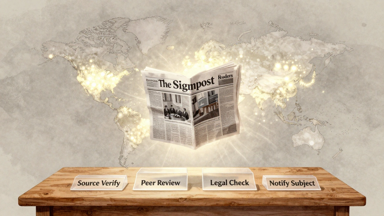 A global map shows 15,000 reader dots centered on The Signpost newspaper, with four editorial steps radiating outward.
