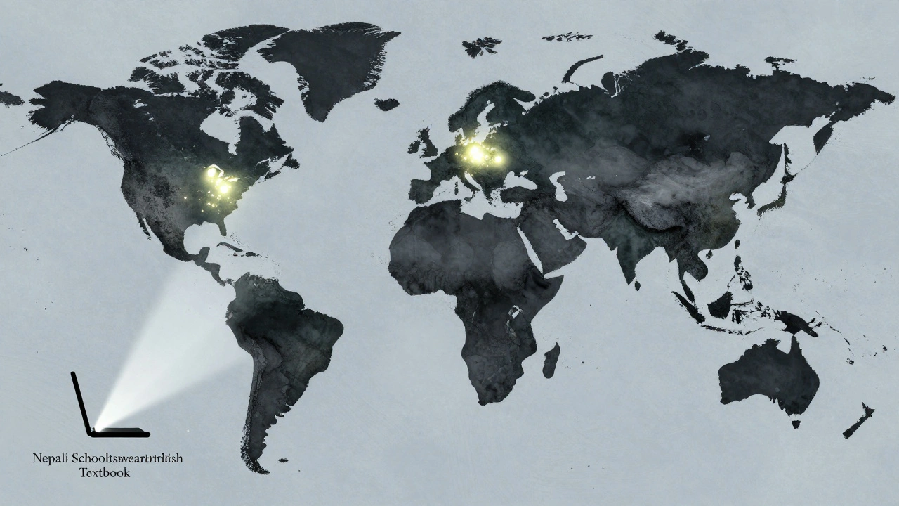 A global map shows Wikipedia article coverage concentrated in the West, with vast regions in darkness, one faint dot labeled 'Nepali Schoolteacher.'