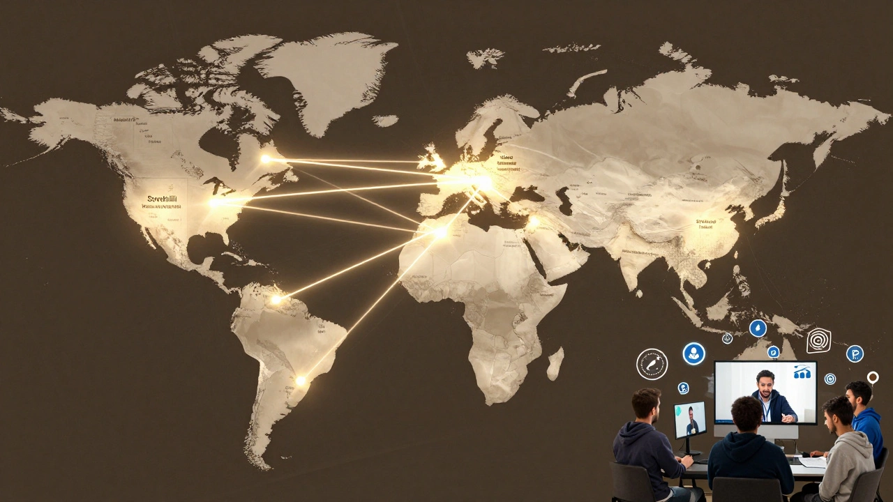 A global map with glowing and broken connection lines representing accurate and flawed scientific article translations, with volunteers collaborating remotely.