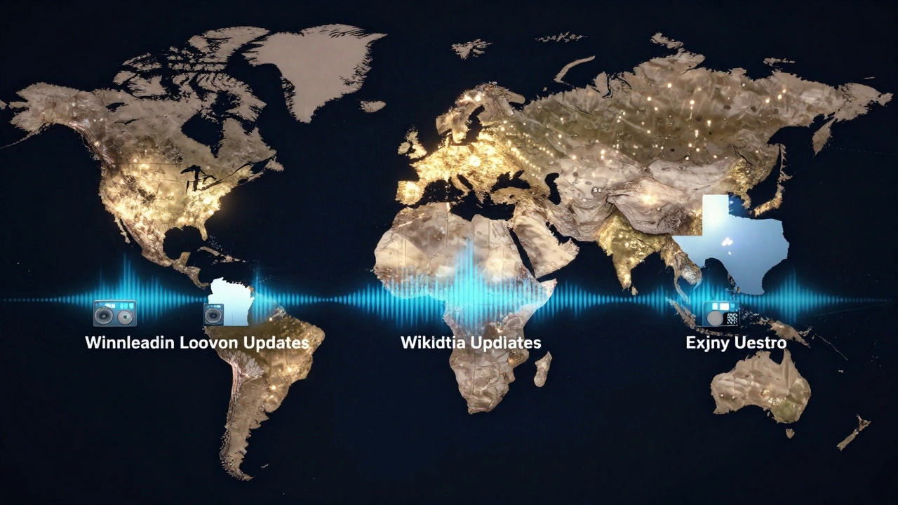 A global map with light pulses showing Wikidata updates feeding local radio briefings in multiple languages.